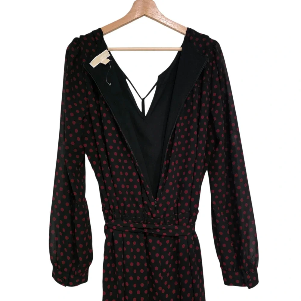 Michael Michael Kors Jumpsuit XL Black Red Polka Dot Long Sleeve Belted Crepe